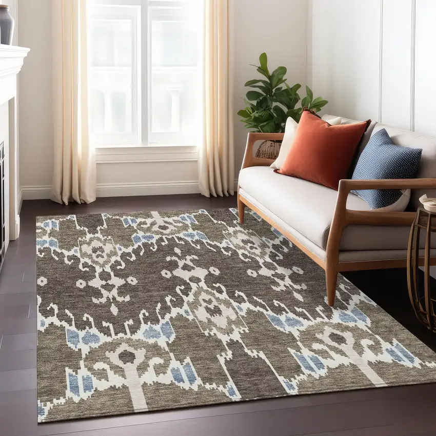 Brown And Taupe Ikat Washable Indoor Outdoor Area Rug Photo 8