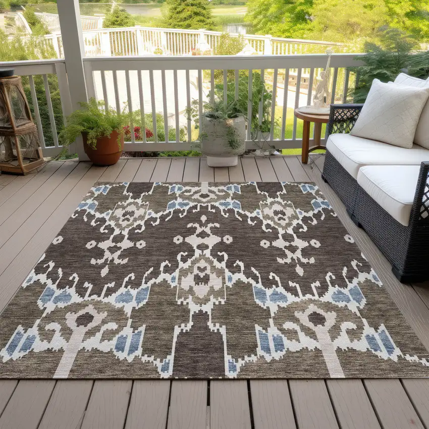 Brown And Taupe Ikat Washable Indoor Outdoor Area Rug Photo 6