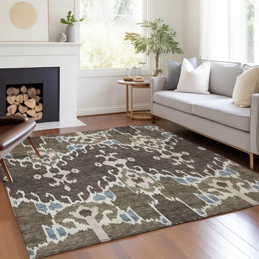 Brown And Taupe Ikat Washable Indoor Outdoor Area Rug Photo 7