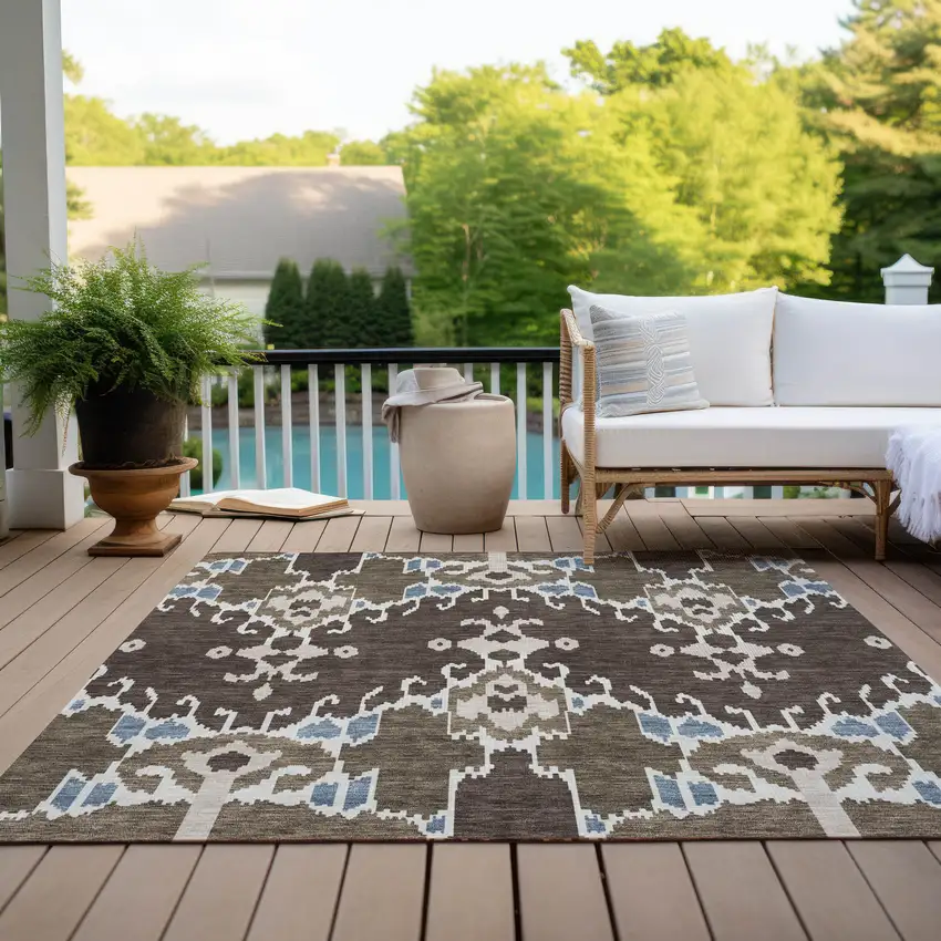 Brown And Taupe Ikat Washable Indoor Outdoor Area Rug Photo 9