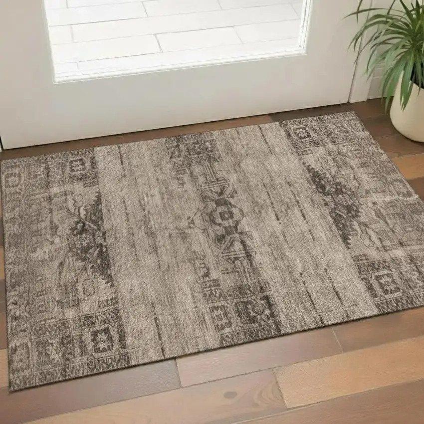 Brown And Taupe Oriental Washable Area Rug With UV Protection Photo 2