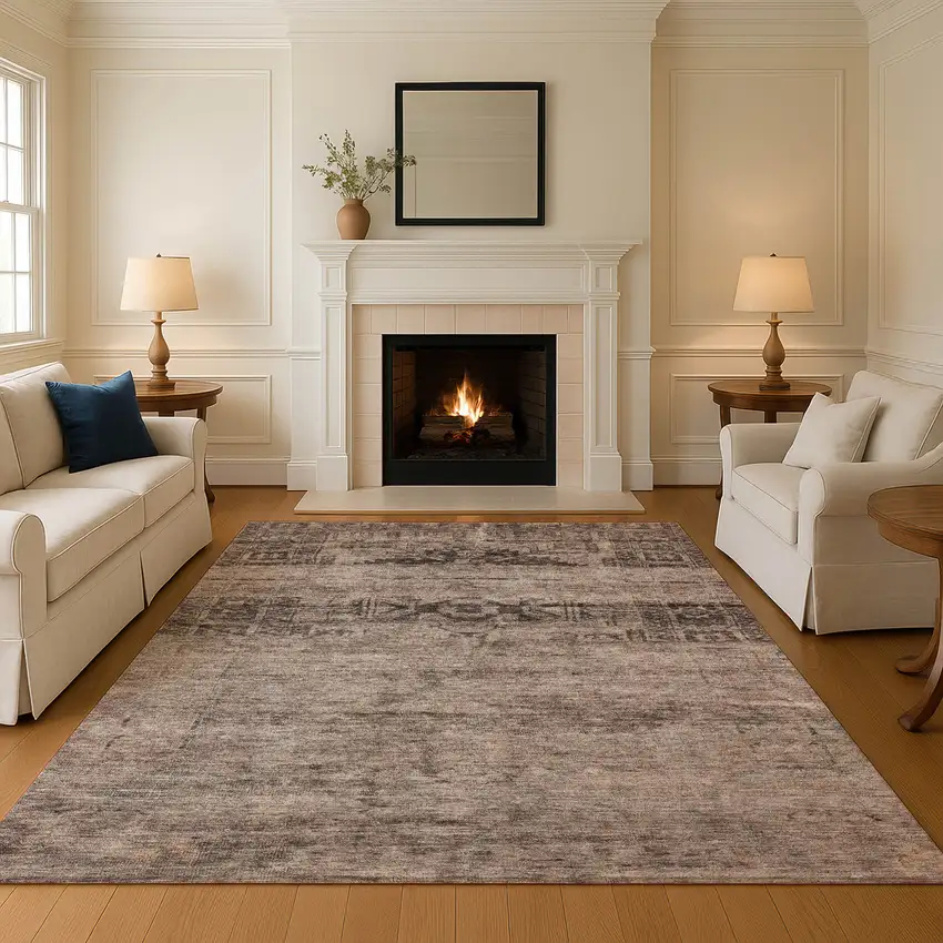 Brown And Taupe Oriental Washable Area Rug With UV Protection Photo 4