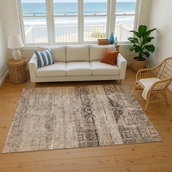 Brown And Taupe Oriental Washable Area Rug With UV Protection Photo 5