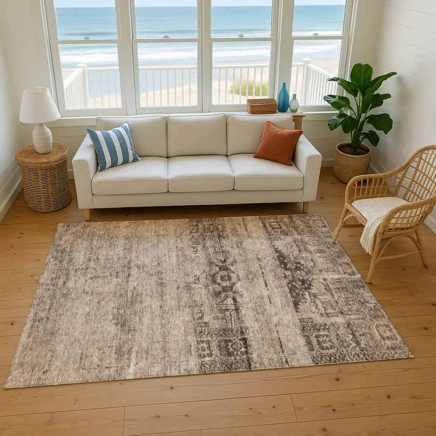 Brown And Taupe Oriental Washable Area Rug With UV Protection Photo 5