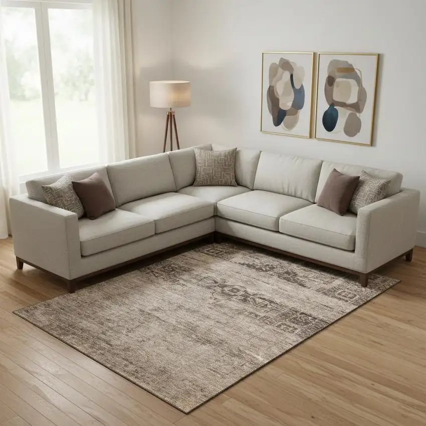 Brown And Taupe Oriental Washable Area Rug With UV Protection Photo 2