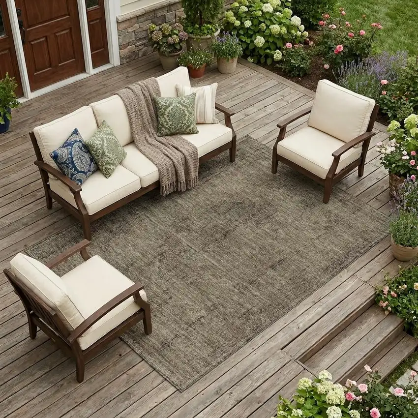 Brown And Taupe Oriental Washable Indoor Outdoor Area Rug Photo 1