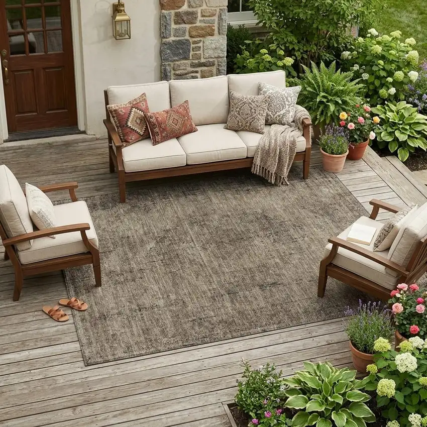 Brown And Taupe Oriental Washable Indoor Outdoor Area Rug Photo 1