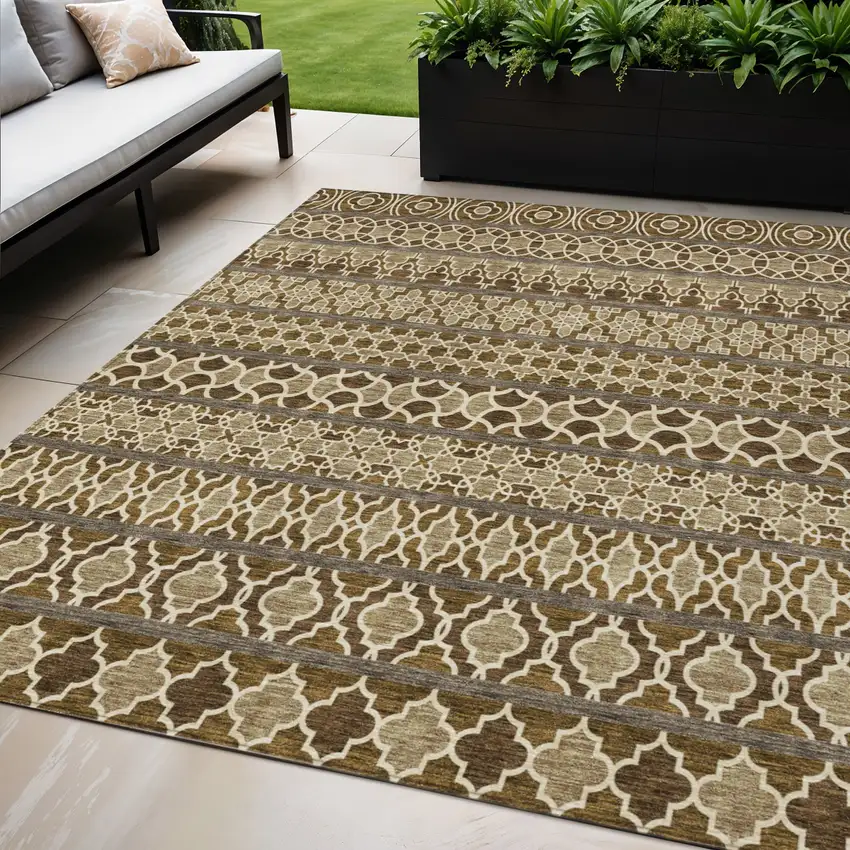 Brown And Taupe Quatrefoil Washable Indoor Outdoor Area Rug Photo 1