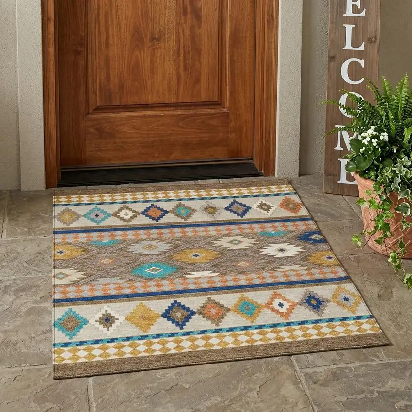 Brown And Taupe Southwestern Washable Indoor Outdoor Area Rug Photo 1