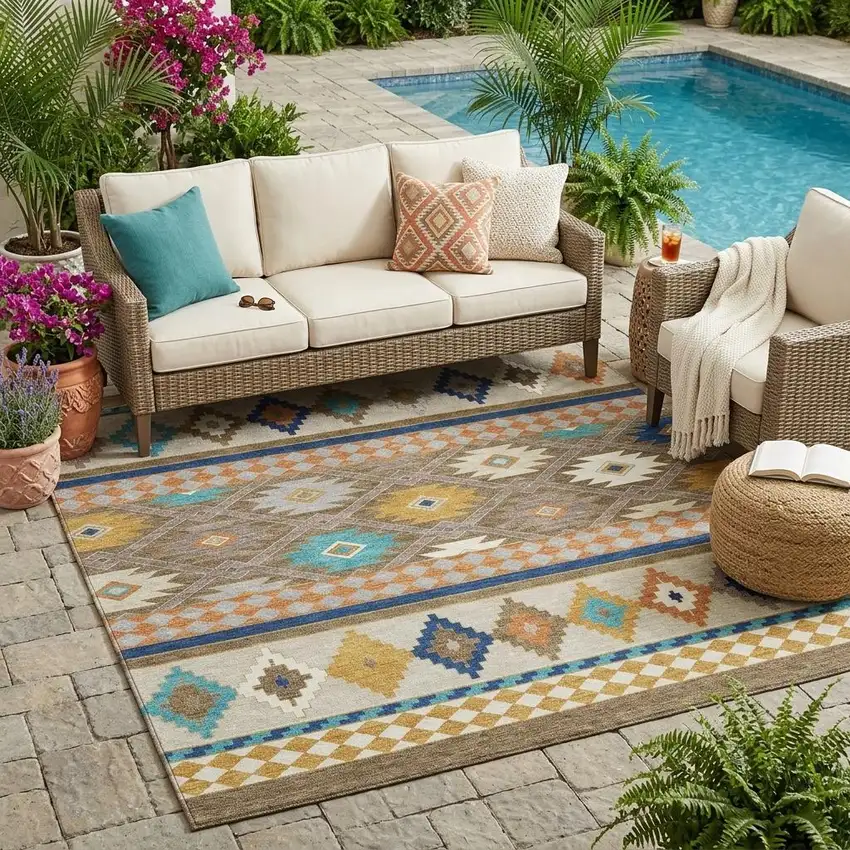 Brown And Taupe Southwestern Washable Indoor Outdoor Area Rug Photo 1