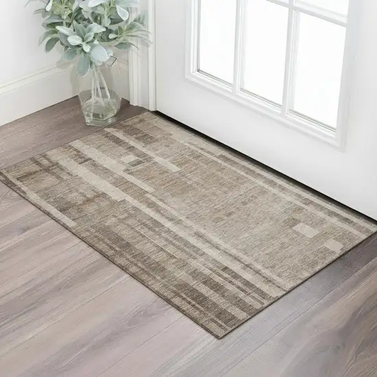 Brown And Taupe Striped Washable Area Rug With UV Protection Photo 2