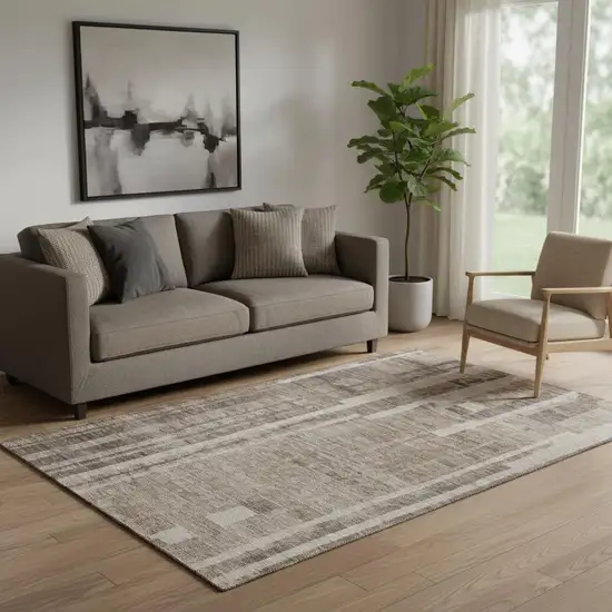 Brown And Taupe Striped Washable Area Rug With UV Protection Photo 2