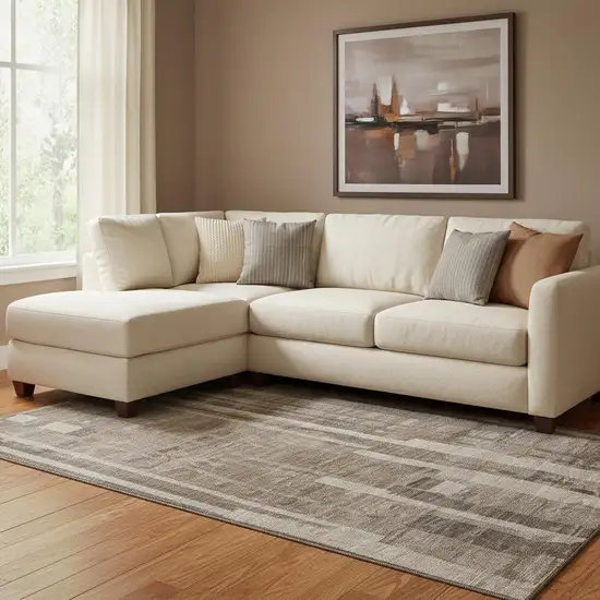 Brown And Taupe Striped Washable Area Rug With UV Protection Photo 2