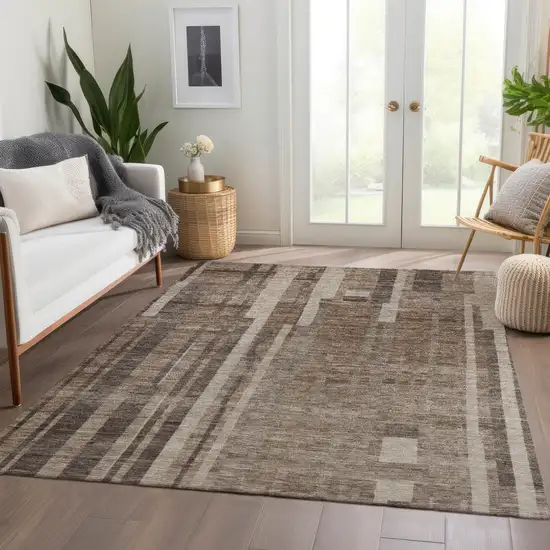 Brown And Taupe Striped Washable Area Rug With UV Protection Photo 5