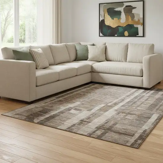 Brown And Taupe Striped Washable Area Rug With UV Protection Photo 2