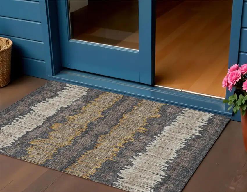 Brown And Taupe Striped Washable Indoor Outdoor Area Rug Photo 1