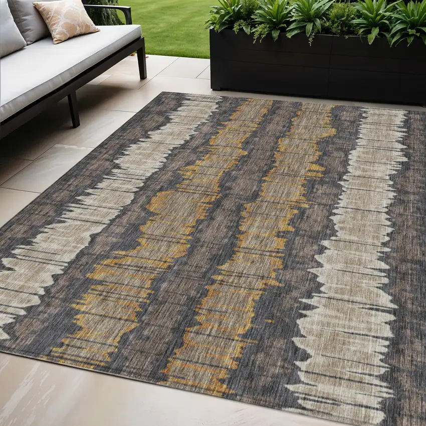 Brown And Taupe Striped Washable Indoor Outdoor Area Rug Photo 1