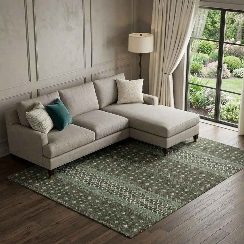 Brown And Taupe Tribal Washable Area Rug With UV Protection Photo 1