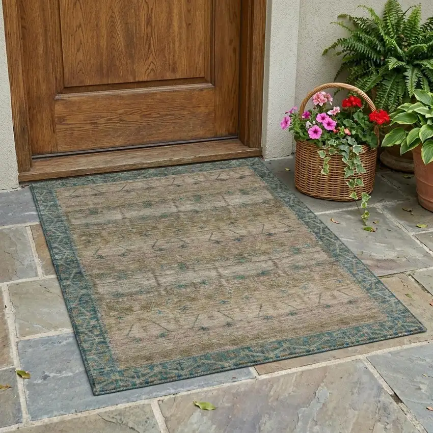 Brown And Taupe Tribal Washable Indoor Outdoor Area Rug Photo 1