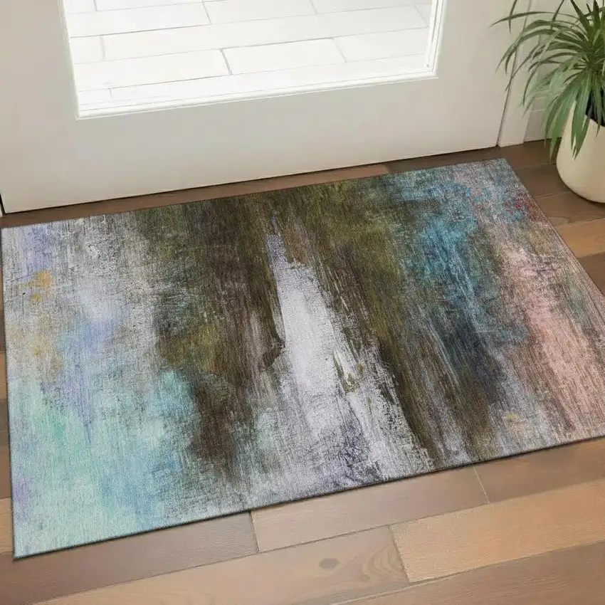 Brown And Teal Abstract Washable Area Rug With UV Protection Photo 2
