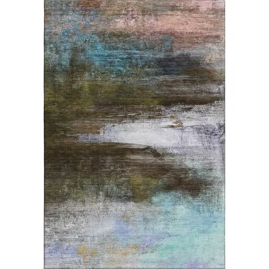 Brown And Teal Abstract Washable Area Rug With UV Protection Photo 1