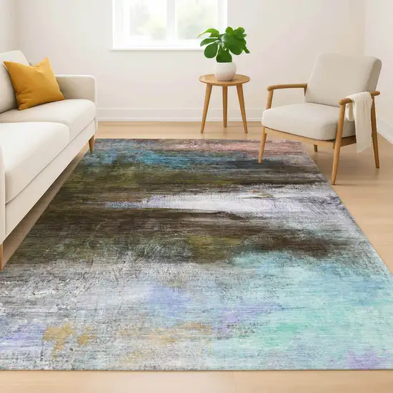 Brown And Teal Abstract Washable Area Rug With UV Protection Photo 6