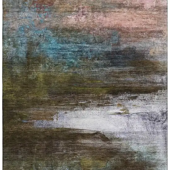 Brown And Teal Abstract Washable Area Rug With UV Protection Photo 3