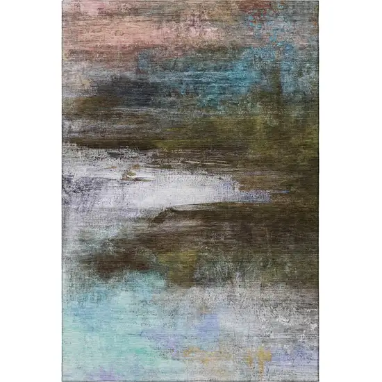 Brown And Teal Abstract Washable Area Rug With UV Protection Photo 4