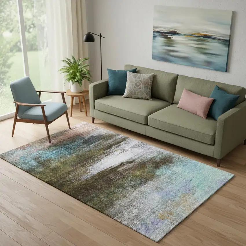Brown And Teal Abstract Washable Area Rug With UV Protection Photo 2