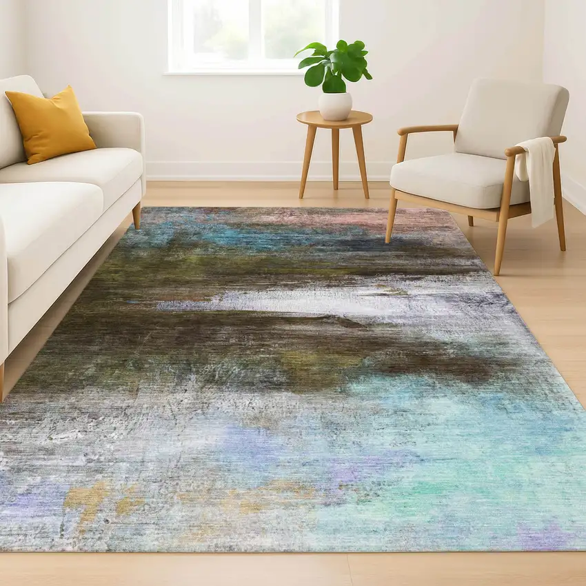 Brown And Teal Abstract Washable Area Rug With UV Protection Photo 6