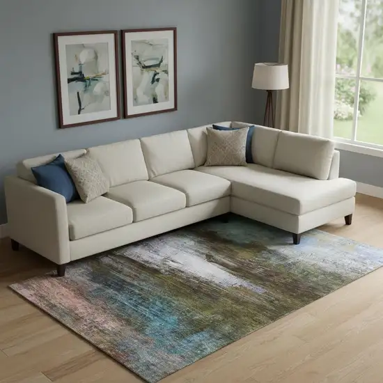 Brown And Teal Abstract Washable Area Rug With UV Protection Photo 2