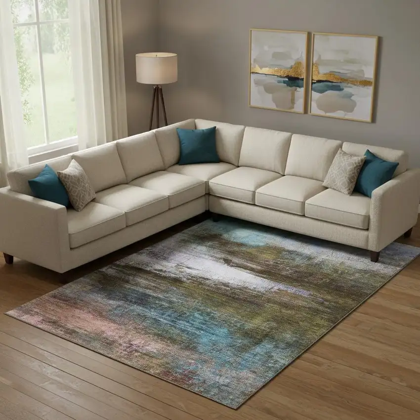 Brown And Teal Abstract Washable Area Rug With UV Protection Photo 2