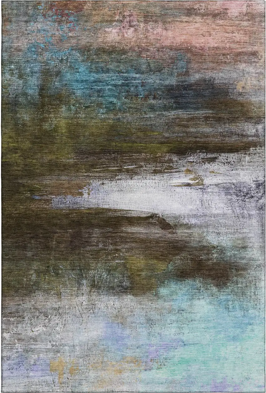 Brown And Teal Abstract Washable Area Rug With UV Protection Photo 1