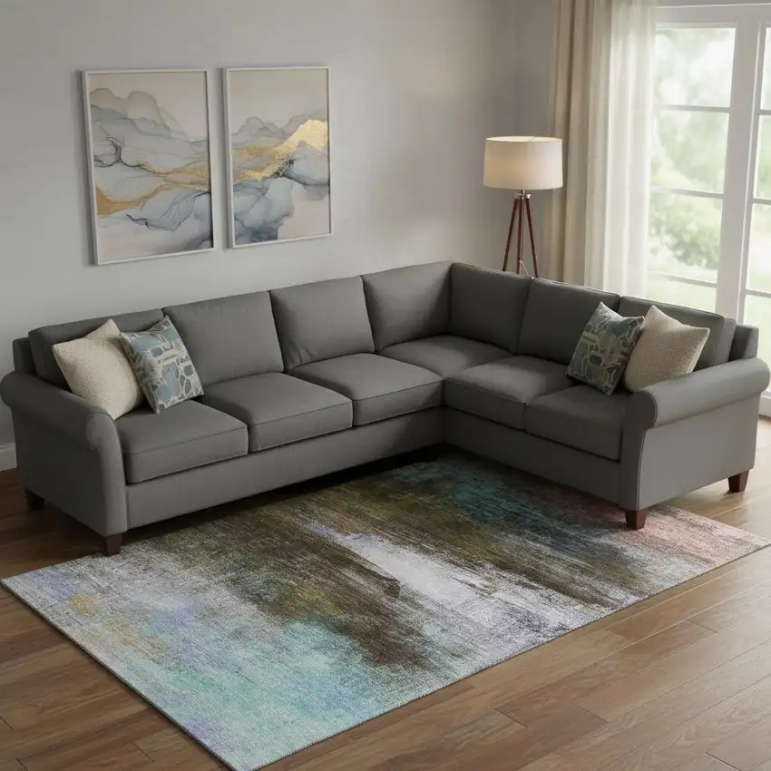 Brown And Teal Abstract Washable Area Rug With UV Protection Photo 2