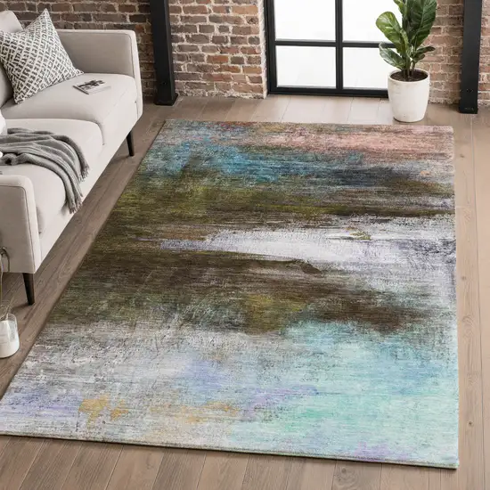 Brown And Teal Abstract Washable Area Rug With UV Protection Photo 5