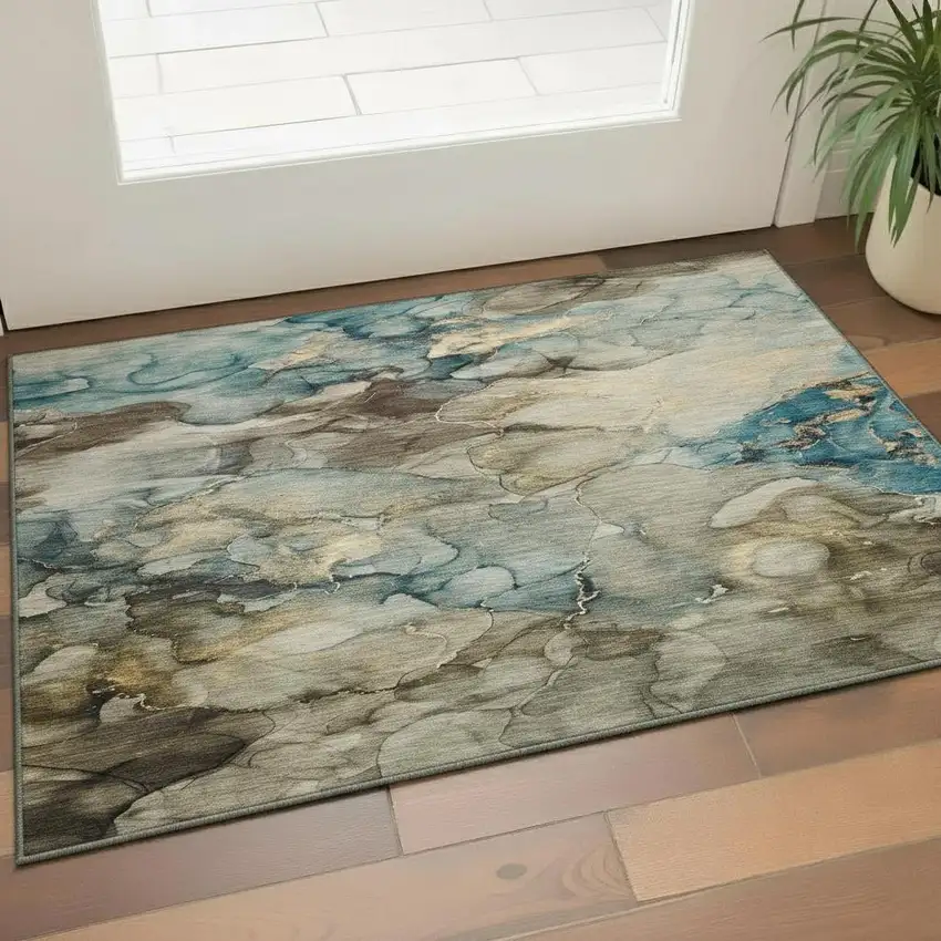 Brown And Teal Abstract Washable Area Rug With UV Protection Photo 2