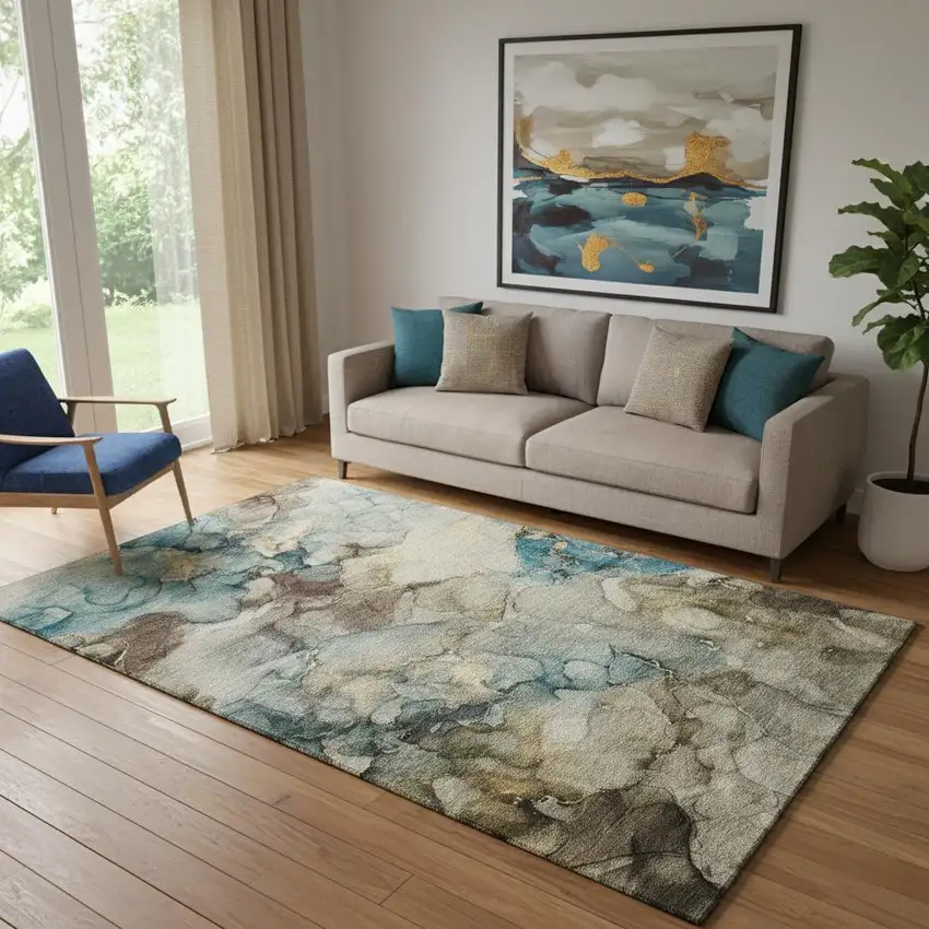 Brown And Teal Abstract Washable Area Rug With UV Protection Photo 2