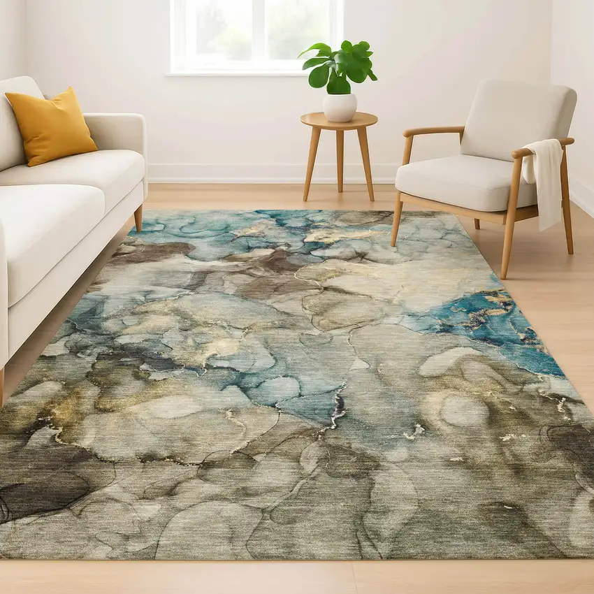 Brown And Teal Abstract Washable Area Rug With UV Protection Photo 6