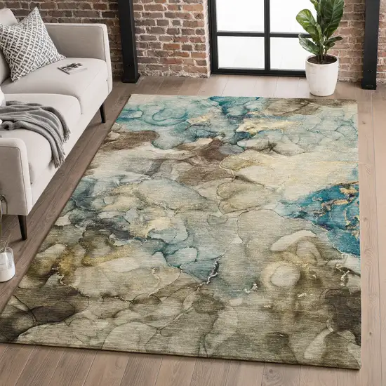 Brown And Teal Abstract Washable Area Rug With UV Protection Photo 5