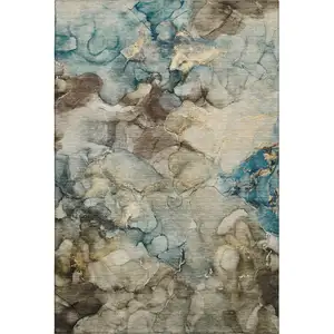 Photo of Brown And Teal Abstract Washable Area Rug With UV Protection