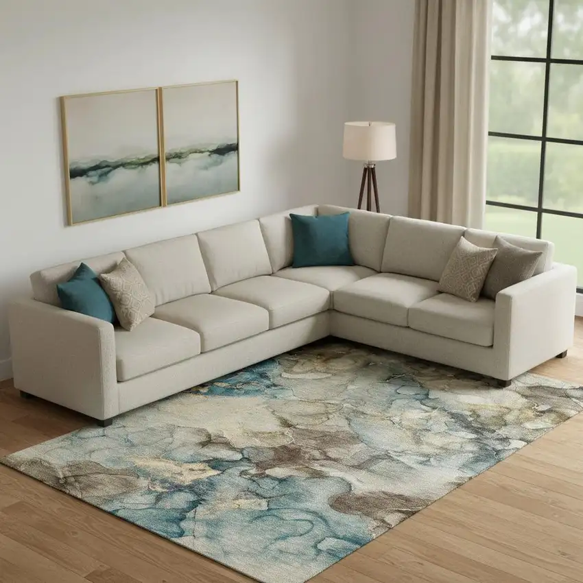 Brown And Teal Abstract Washable Area Rug With UV Protection Photo 2