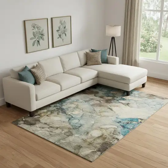 Brown And Teal Abstract Washable Area Rug With UV Protection Photo 2