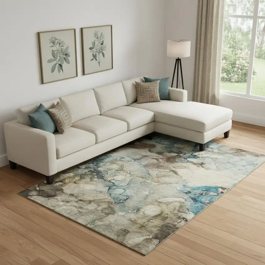 Brown And Teal Abstract Washable Area Rug With UV Protection Photo 2