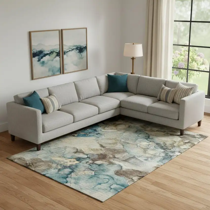 Brown And Teal Abstract Washable Area Rug With UV Protection Photo 2