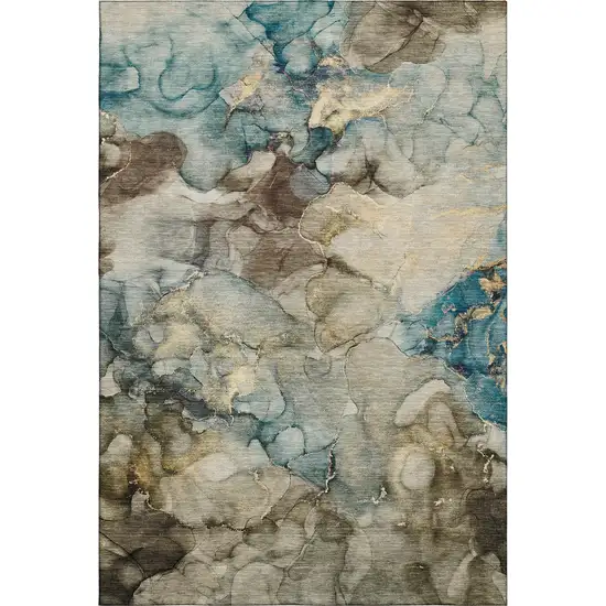 Brown And Teal Abstract Washable Area Rug With UV Protection Photo 1