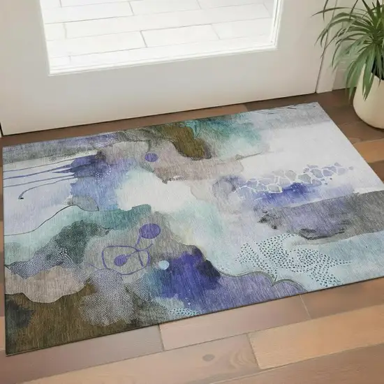 Brown And Teal Abstract Washable Area Rug With UV Protection Photo 2