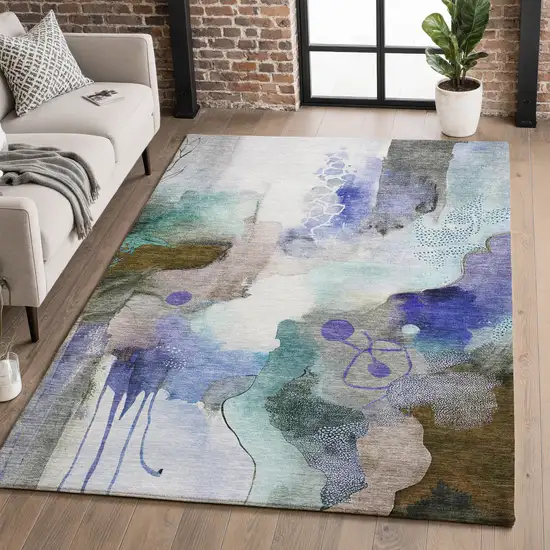 Brown And Teal Abstract Washable Area Rug With UV Protection Photo 5