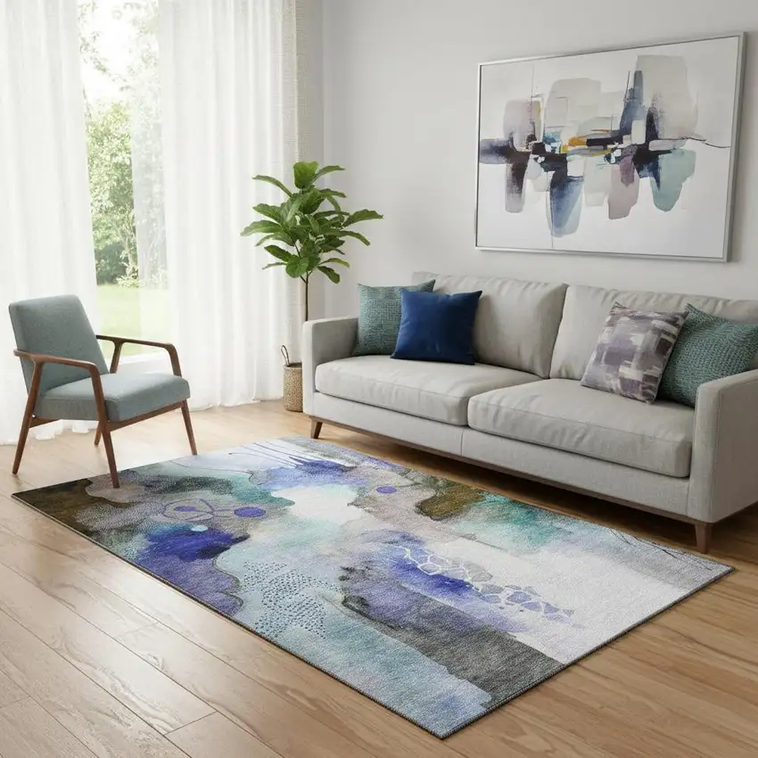 Brown And Teal Abstract Washable Area Rug With UV Protection Photo 2