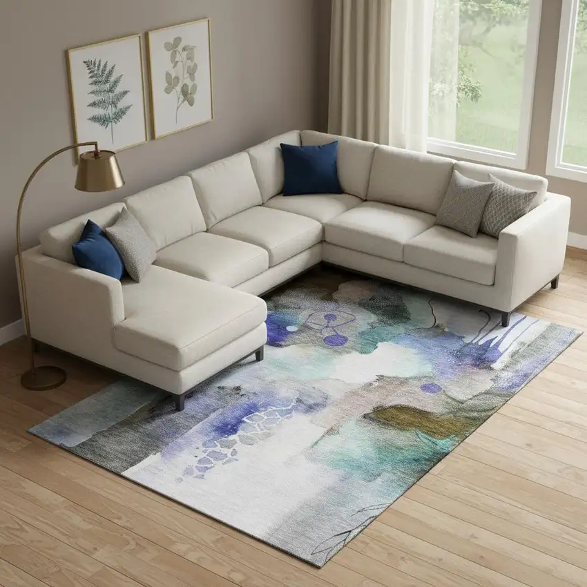 Brown And Teal Abstract Washable Area Rug With UV Protection Photo 2