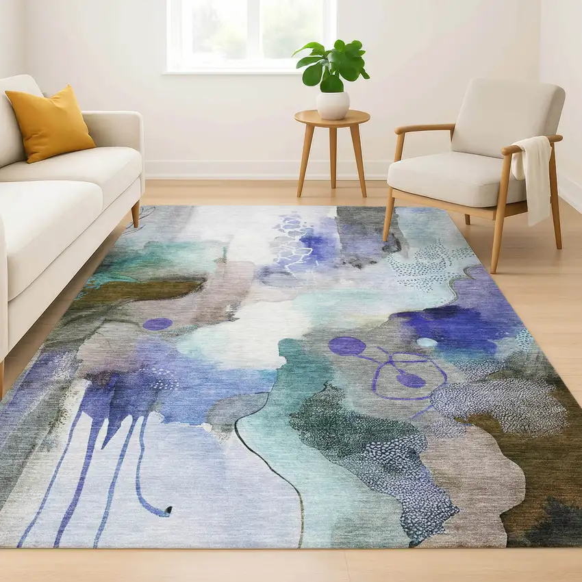 Brown And Teal Abstract Washable Area Rug With UV Protection Photo 6